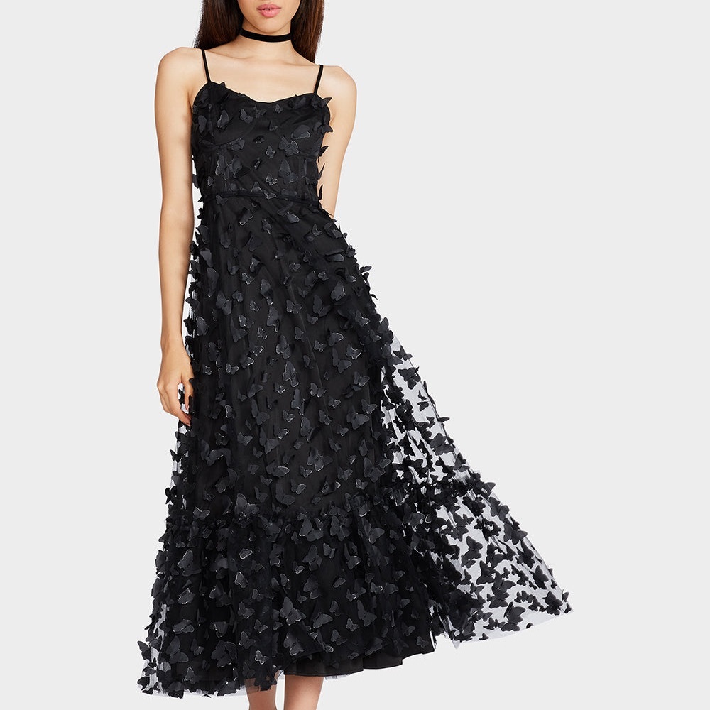 NWT corset tie up prom Dress‎ 3D butterfly Formal Black silver accents  XS S